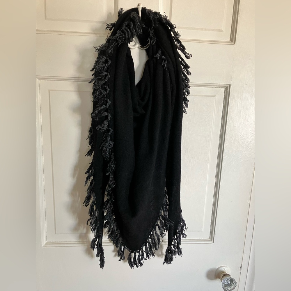 White + Warren Cashmere Black and Gray Triangle Scarf with Fringe